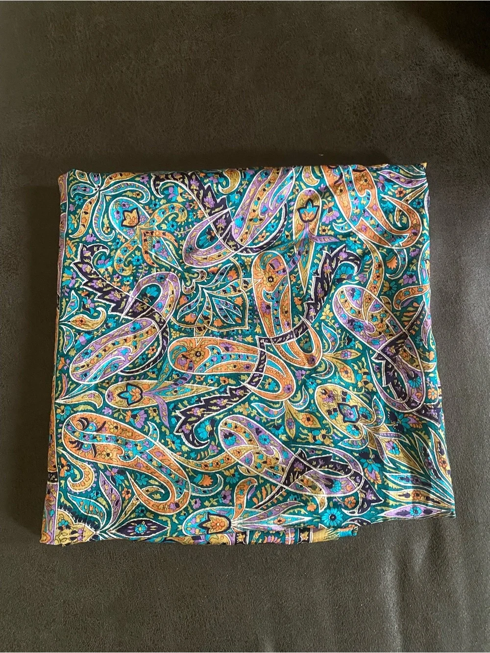 Silk Paisley Printed Scarf in Teal and‎ Gold - Women's Accessory 42x41